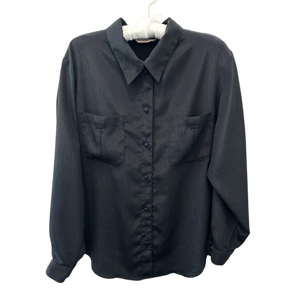 VINTAGE Hill Archer Black Satin Button Down Blouse Sz 14 90s Secretary Career